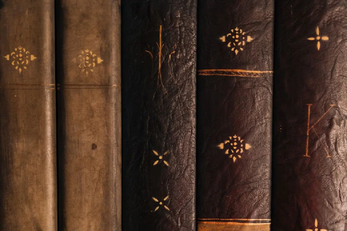 Detailed view of vintage leather-bound books with ornamental designs on spines.
