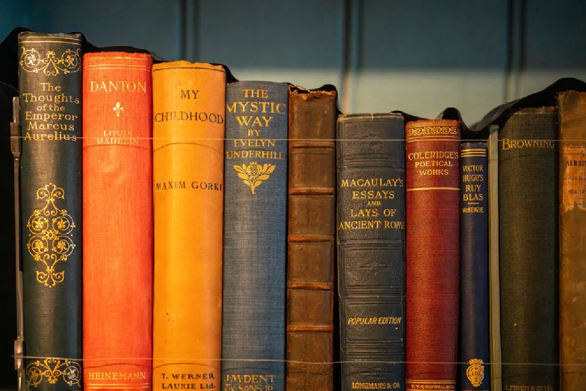 A row of vintage hardcover books with elegant bindings and classic literature titles.