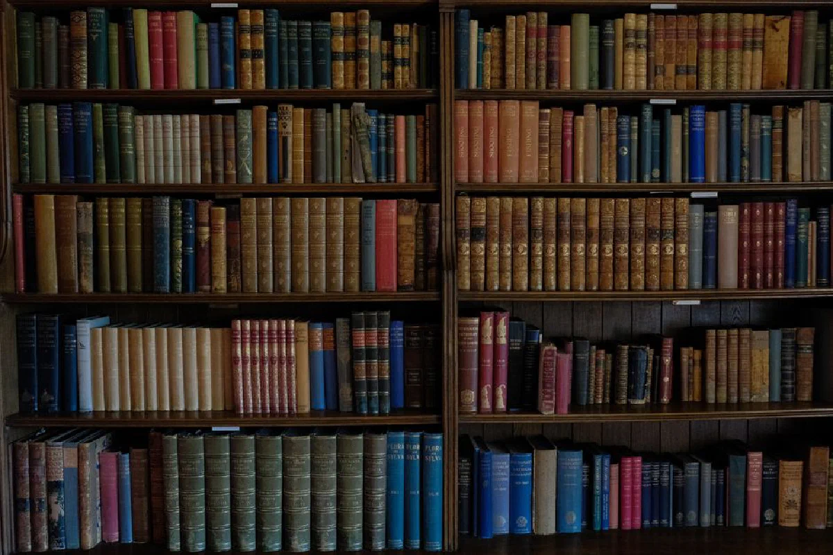 A collection of old, colorful books neatly stacked on wooden shelves in a library setting.