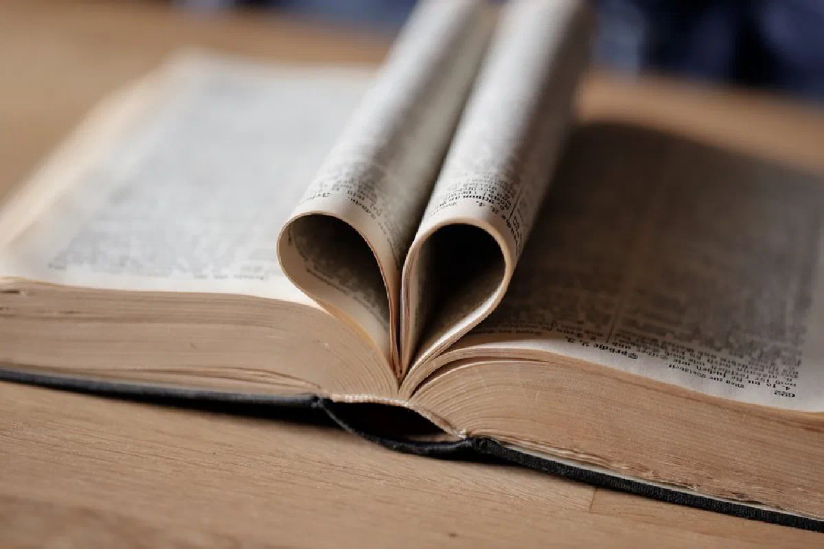 Open book with pages forming a heart shape on a wooden table, symbolizing love for reading.