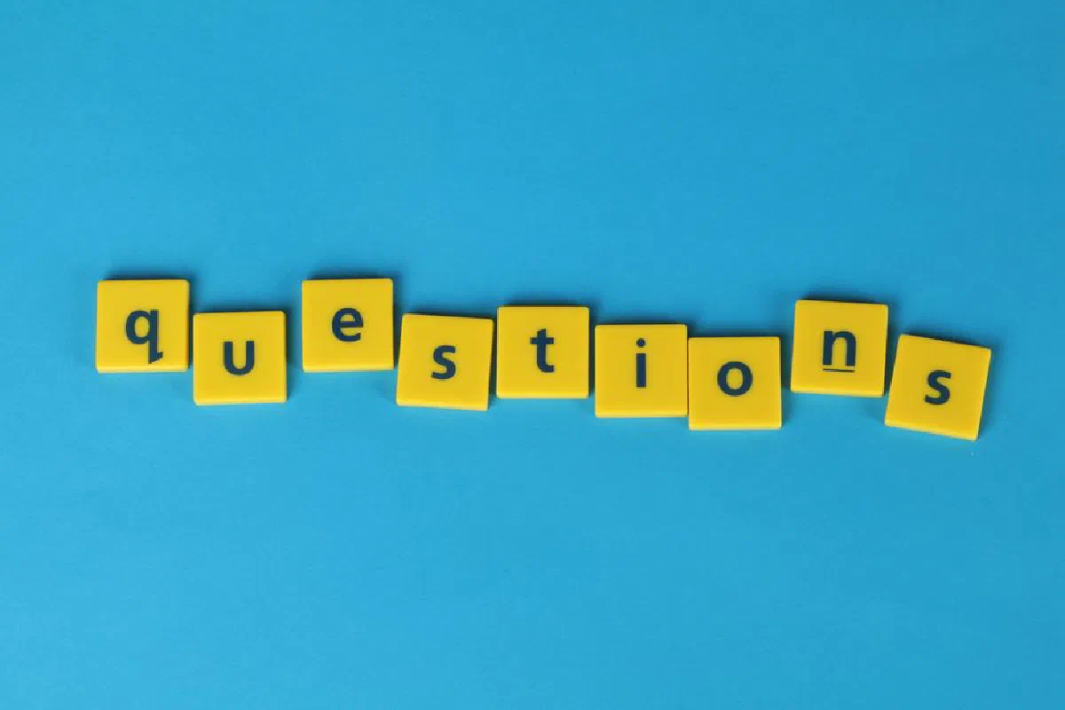 Yellow letter tiles spell 'questions' on a contrasting blue background.