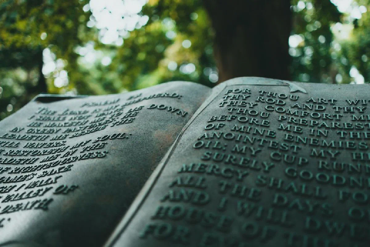 Detailed view of a stone monument with engraved text against a forest backdrop.