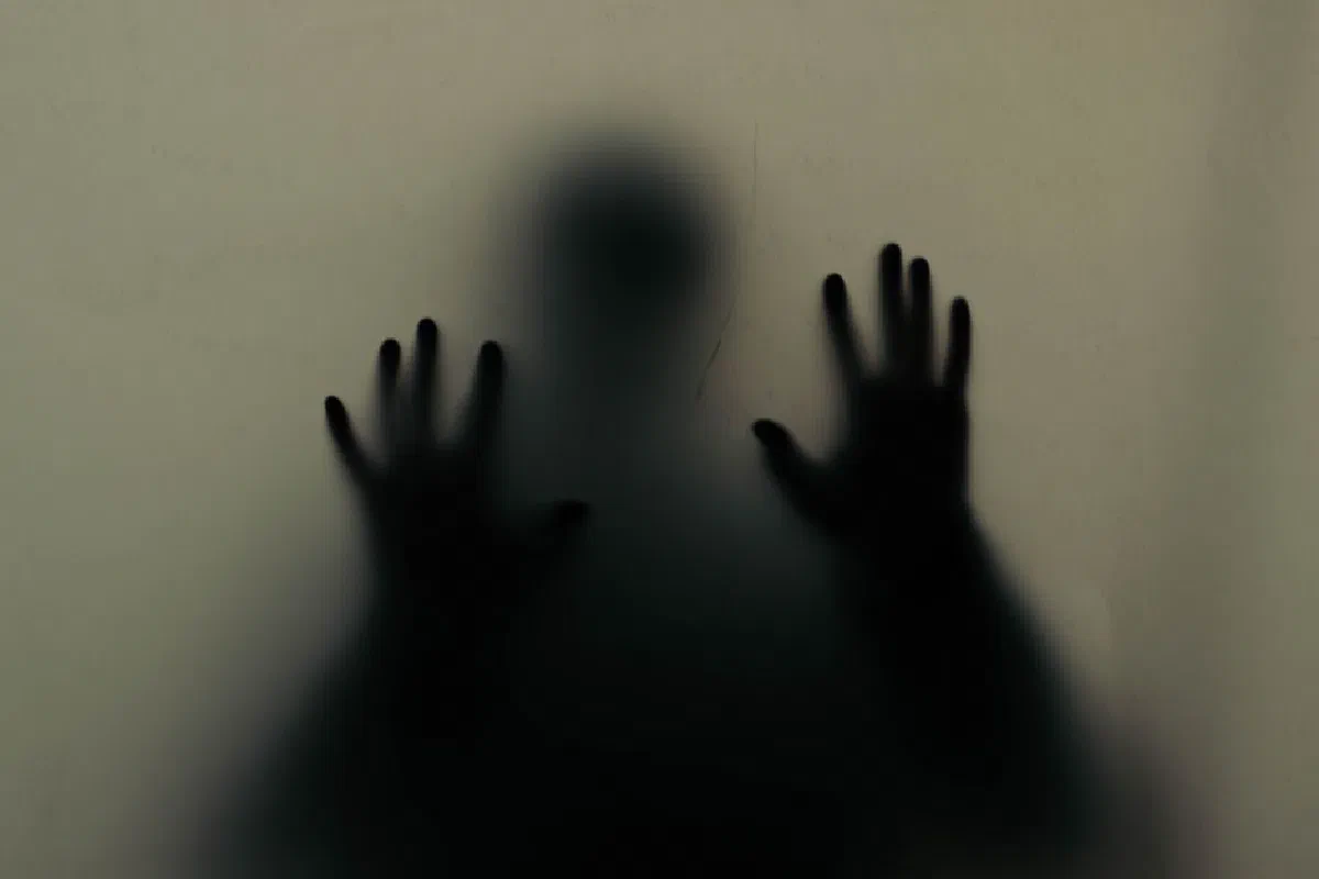 Mysterious silhouette of hands pressing against a translucent wall, creating an eerie atmosphere.