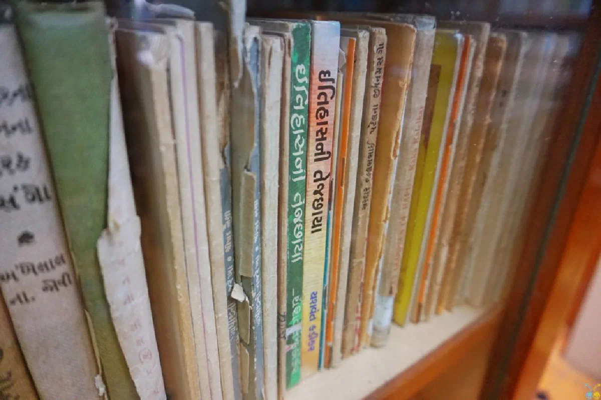 Close-up of colorful book spines on a library shelf behind glass.