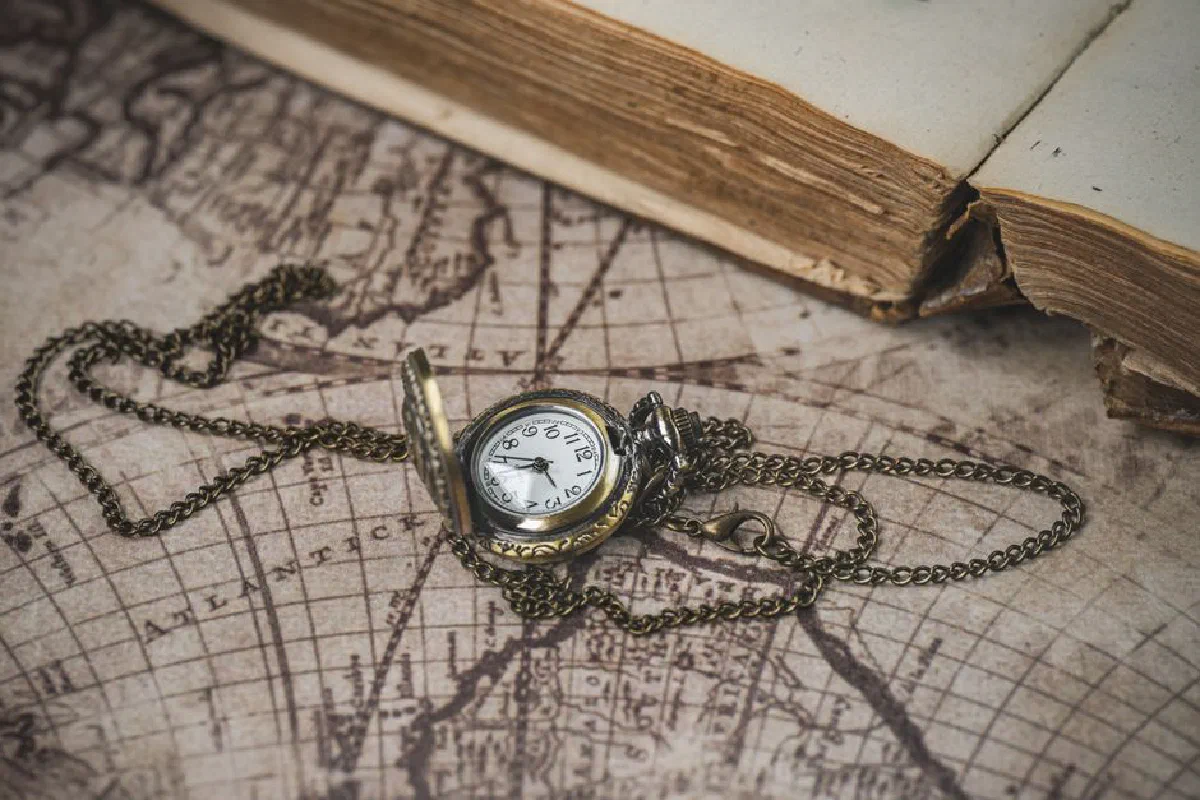 Close-up of an antique pocket watch on a vintage map beside an old book, evoking a sense of history.
