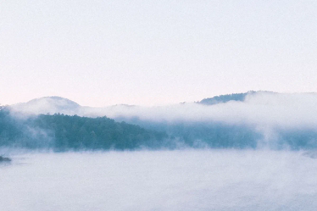 Peaceful foggy lake scene with mist-covered trees and hills, evoking tranquility and calm.