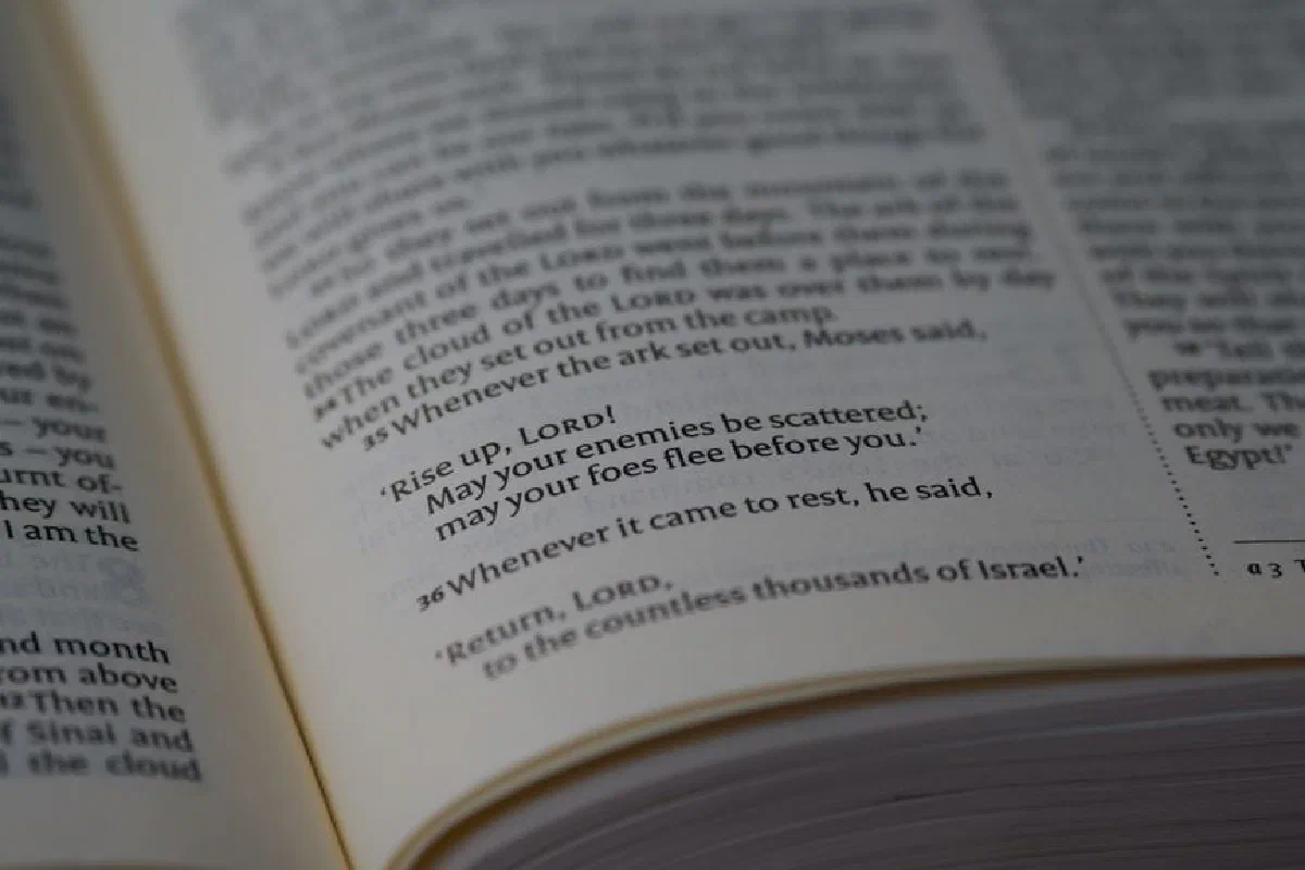 Detailed close-up of an open Bible showing highlighted scripture text.