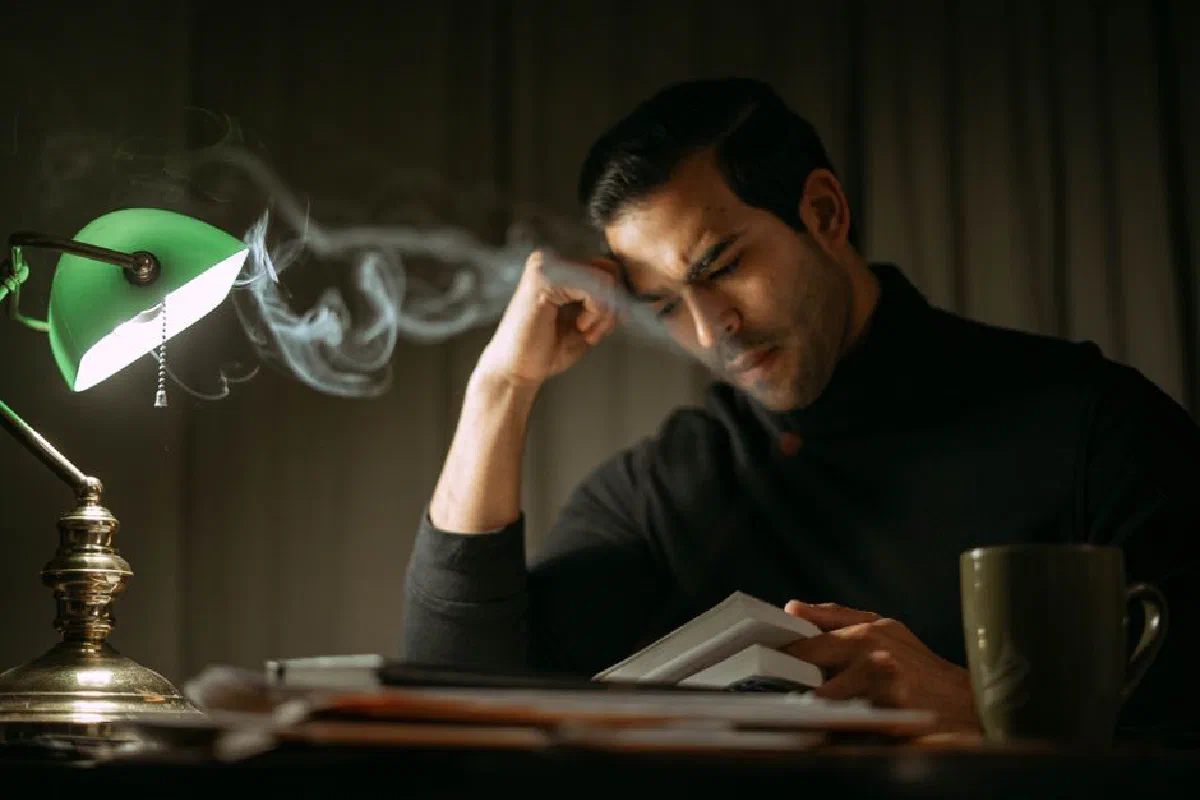 Frowning handsome elegant male leaning on hands while reading book at table with retro lamp in fume